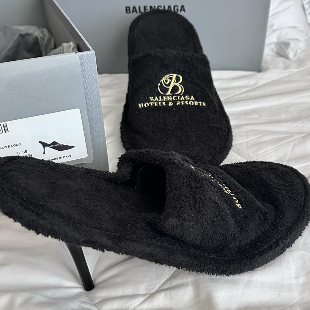 Balenciaga Black Terry Cloth Heeled mules  with Gold Logo